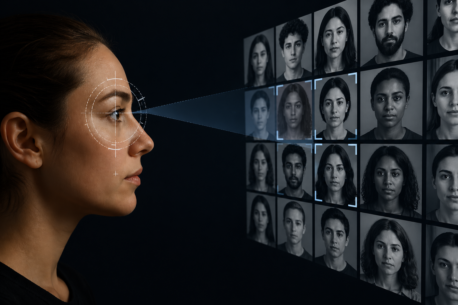Person viewing a wall of face images as part of a face recognition task